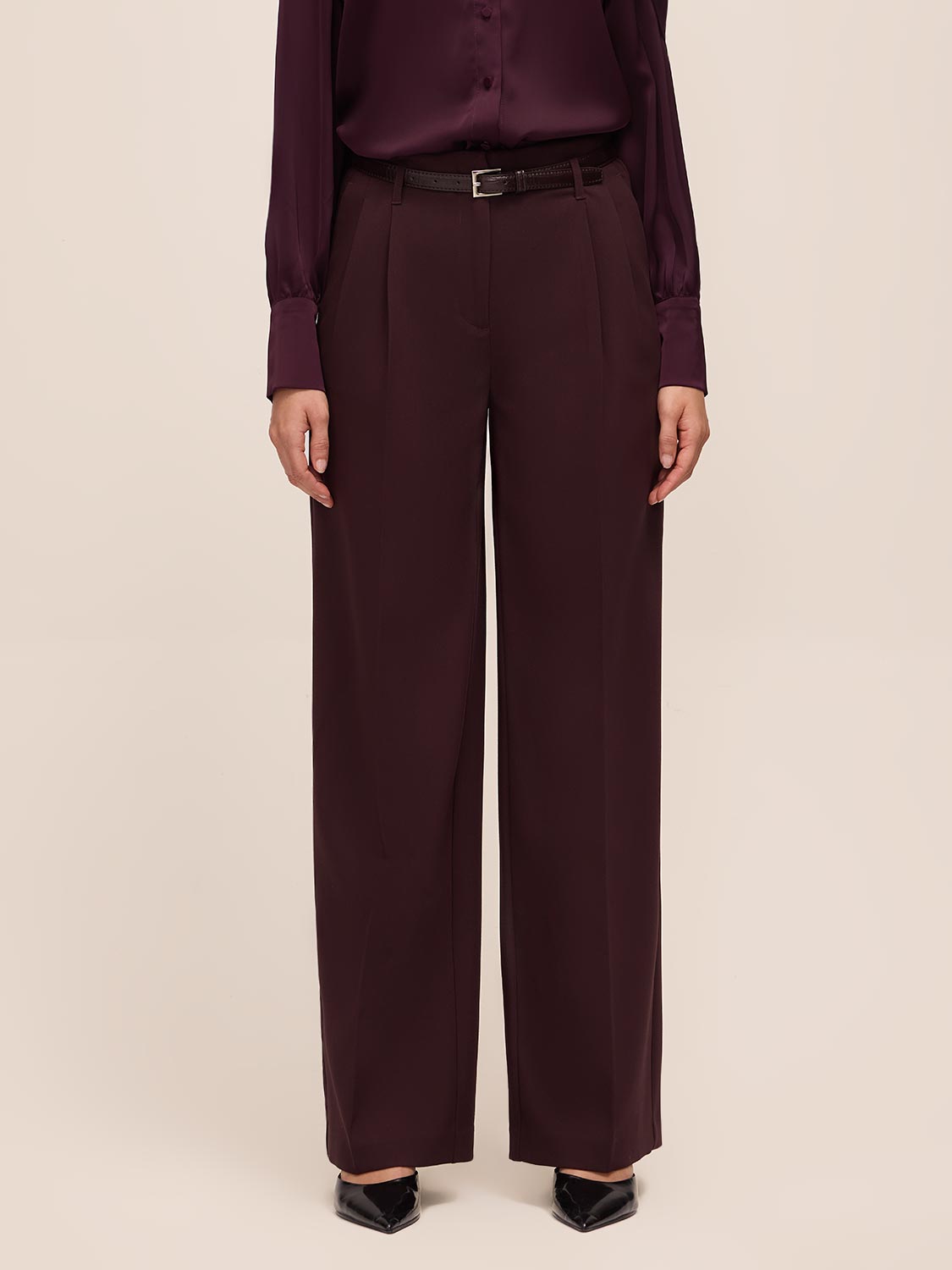 Eggplant Belted Pleated Wide-Leg Pant - Front View - Le Chateau