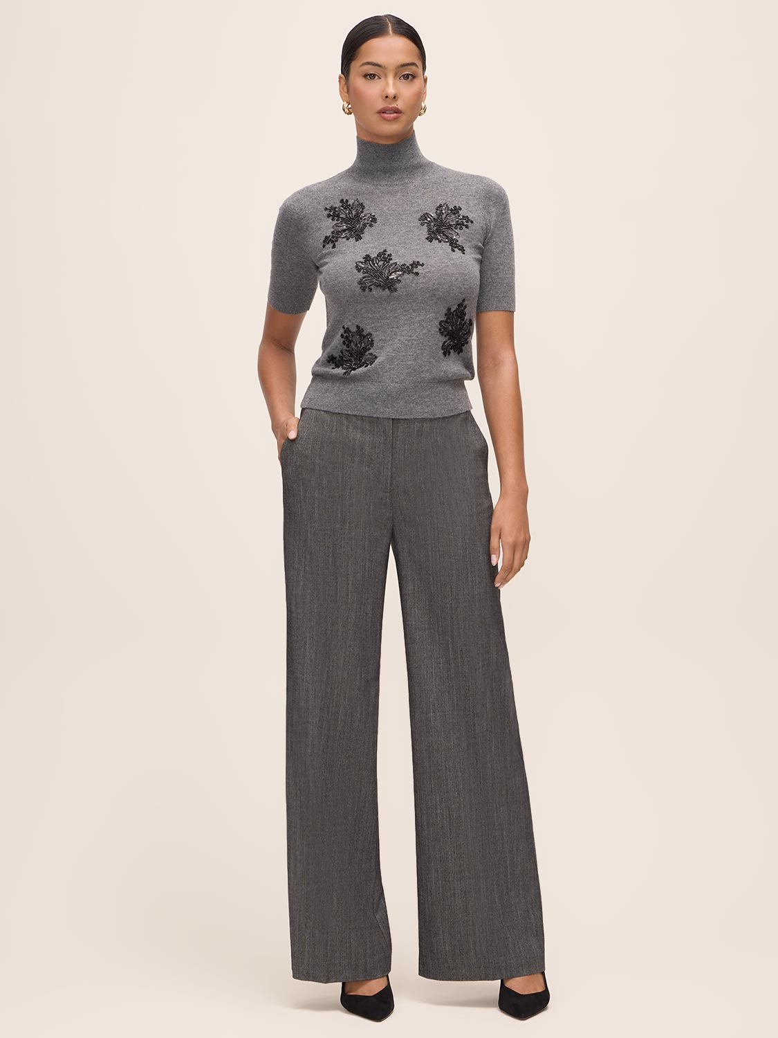 Charcoal Herringbone Wide Leg Pant - Woman Wearing Tailored Office Trousers - Le Chateau
