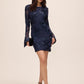 Midnight Blue Soutache on Mesh Pop-Over Mini Dress - Woman Wearing Illusion Sleeve Cocktail Dress - Le Chateau