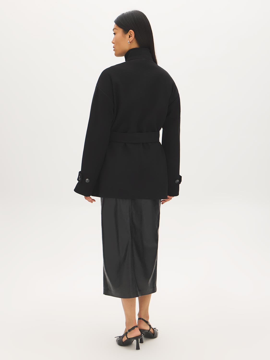 Taupe Melange Faux Wool Short Wrap Coat with Funnel Neck - Back View - Suzy Shier