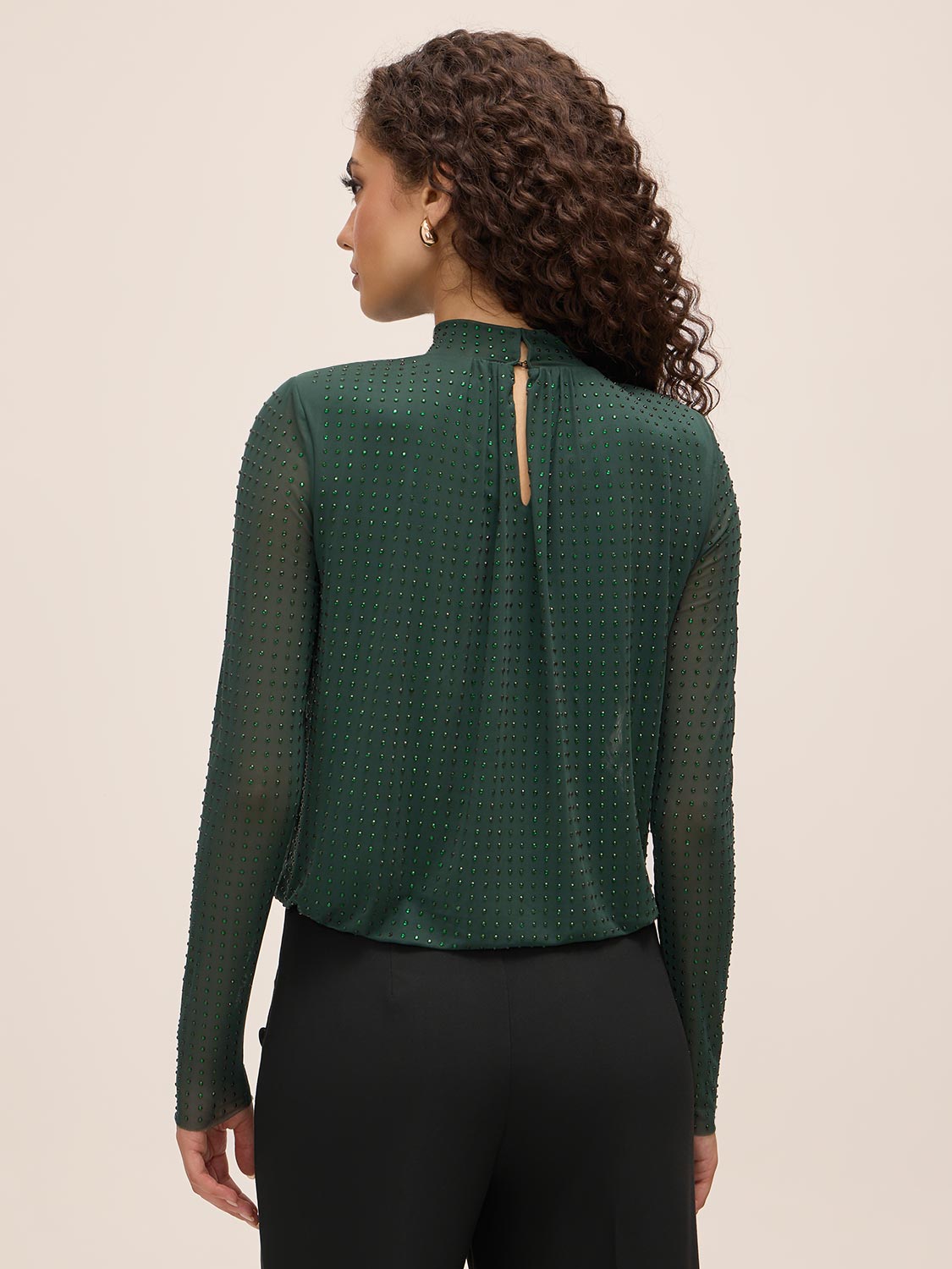 Dark Emerald Rhinestone Embellished Knit Top - Back View - Le Chateau