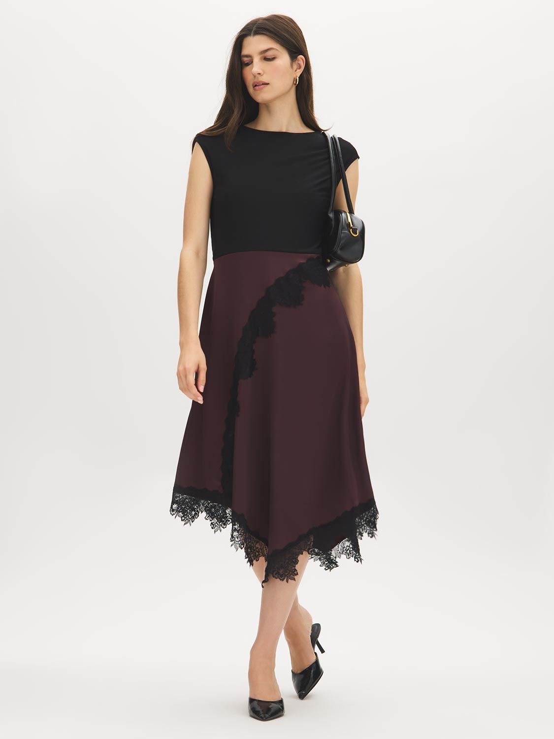 Jet Black/Winetasting Asymmetrical Satin Skirt Dress with Lace Detail - Full Front View - Suzy Shier