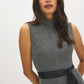 Jet Black/Light Grey Herringbone Textured Knit Mock Neck Dress with Belt - Close-up Front Detail - Suzy Shier