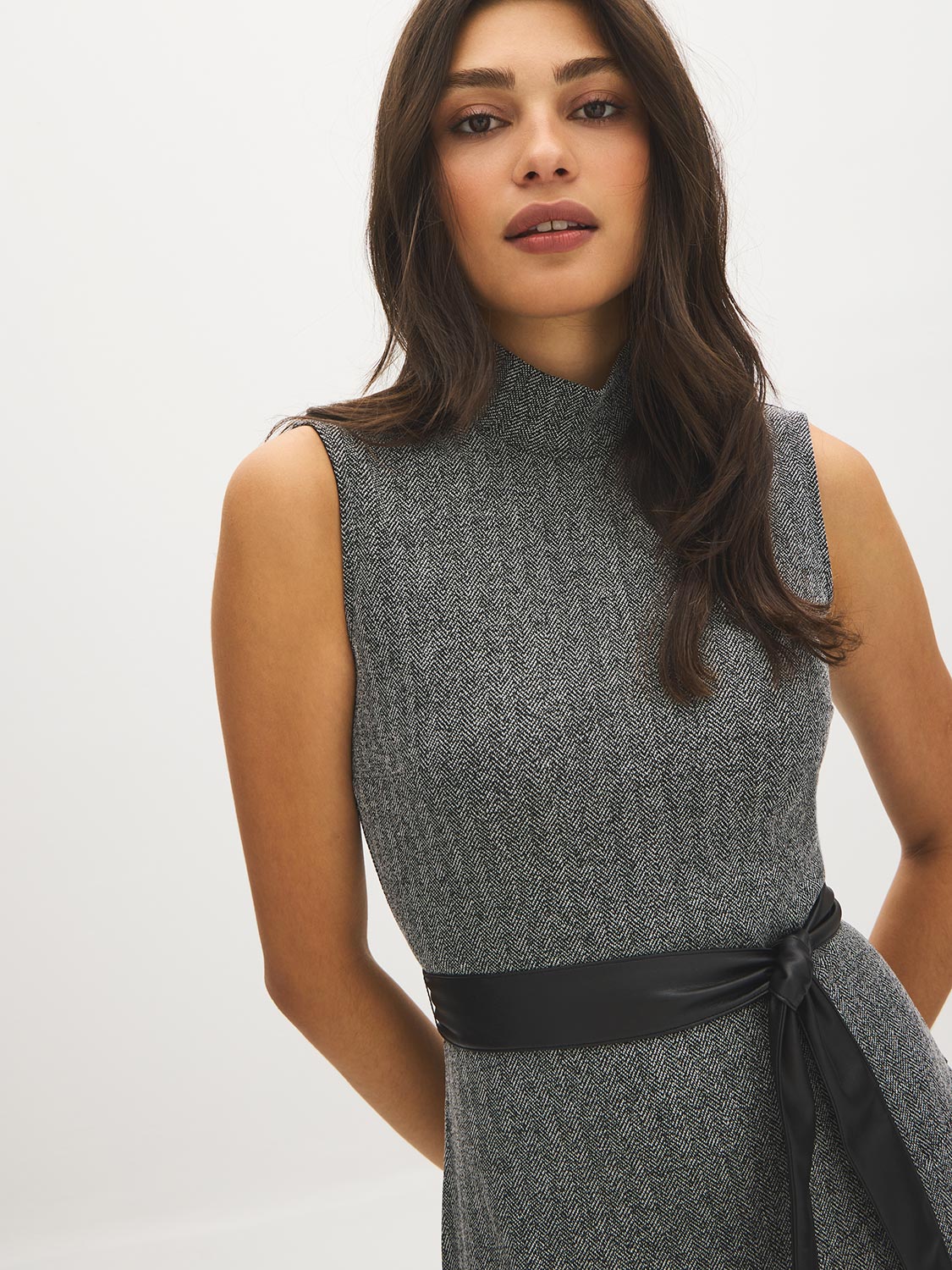 Jet Black/Light Grey Herringbone Textured Knit Mock Neck Dress with Belt - Close-up Front Detail - Suzy Shier
