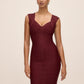 Burgundy V-Neck Bandage Sheath Dress - Close-up Front View - Le Chateau