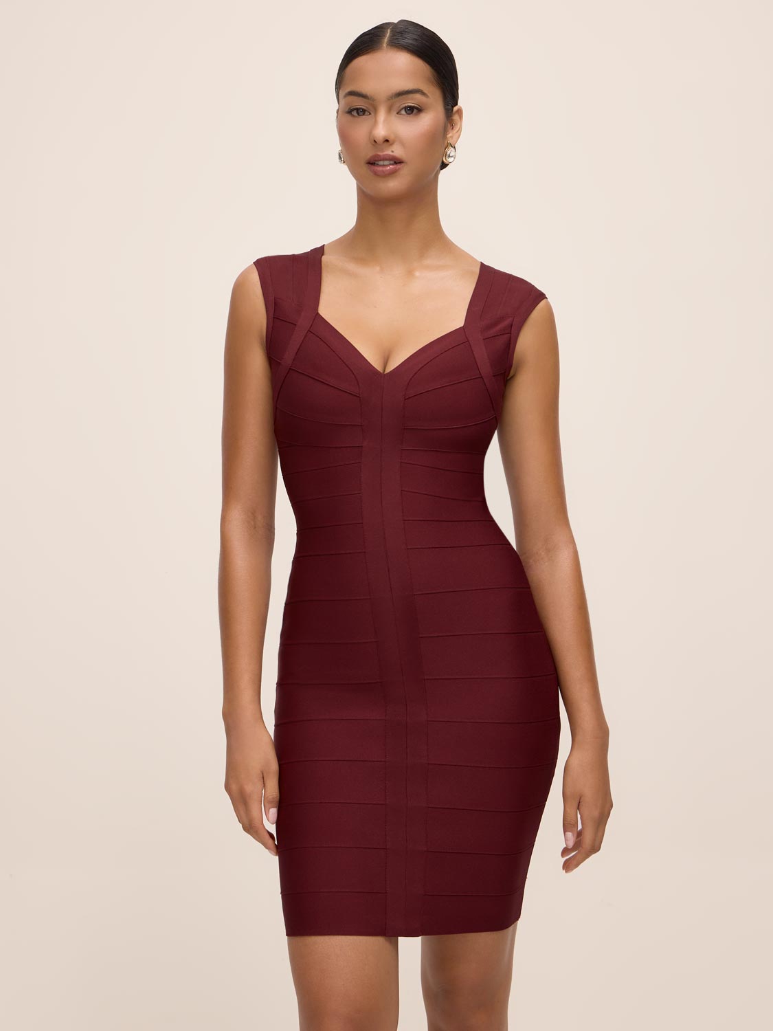 Burgundy V-Neck Bandage Sheath Dress - Close-up Front View - Le Chateau