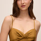 Dijon Pleated Satin Midi Dress with Knot Front - Close-up Knot Detail - Le Chateau