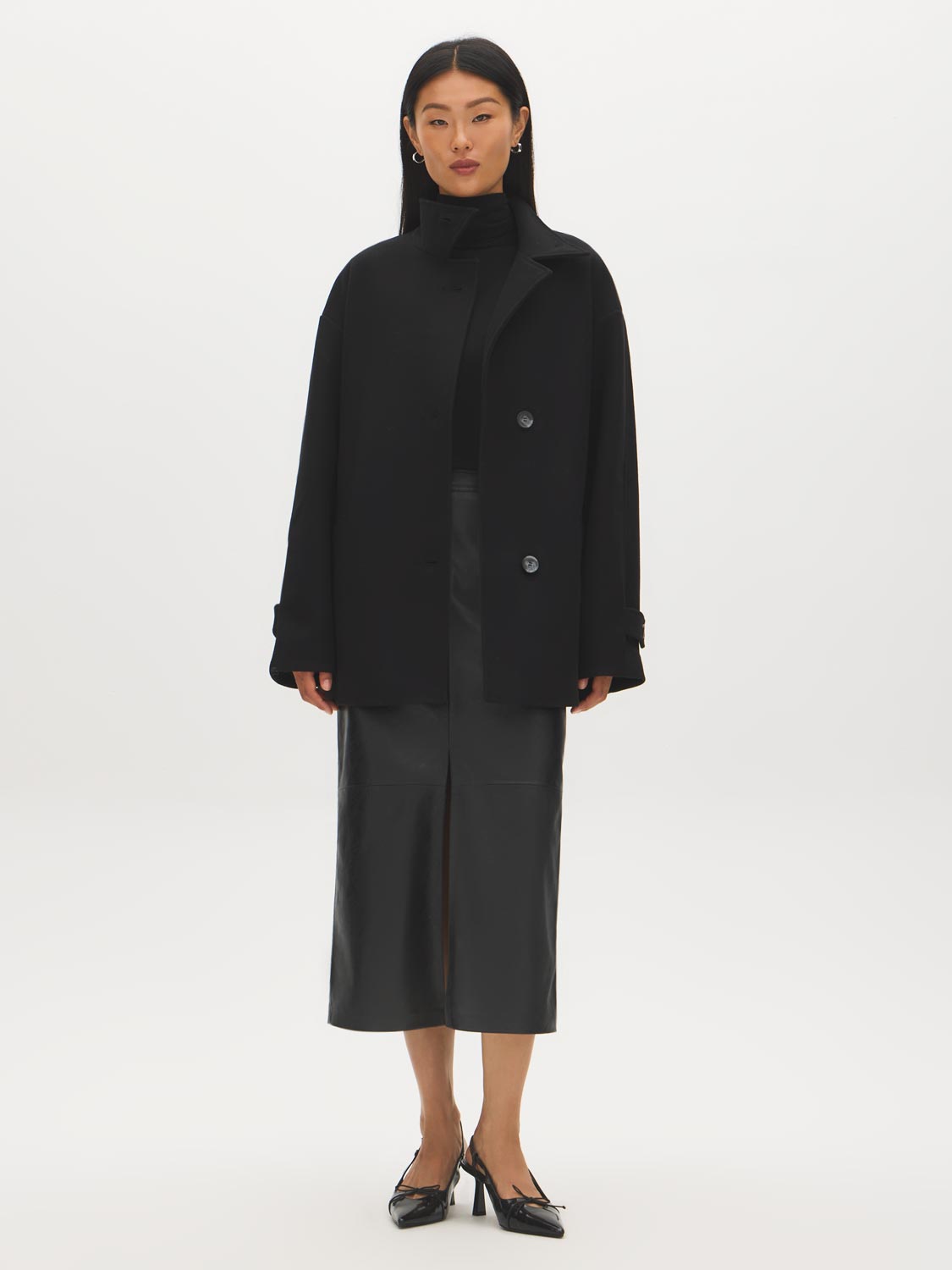 Taupe Melange Faux Wool Short Wrap Coat with Funnel Neck - Full Front View - Suzy Shier