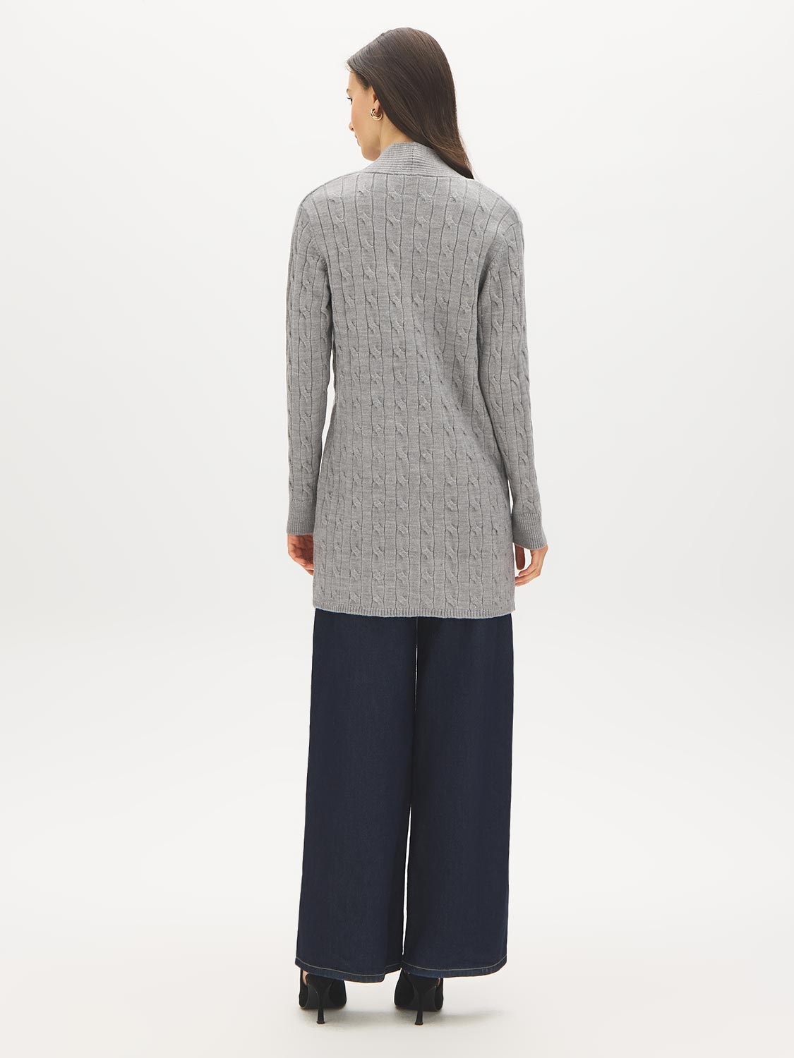 Dolphin Melange Long Cable Knit Open Cardigan - Back View - Suzy Shier