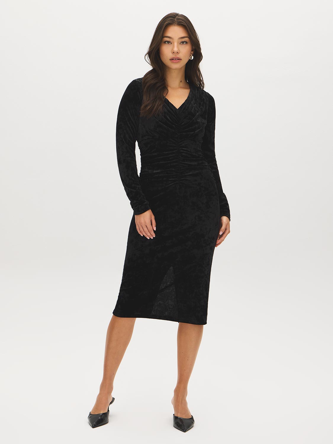 Black Crushed Velvet Dress with Front Gathering - Woman Wearing Long Sleeve V-Neck Dress - Suzy Shier