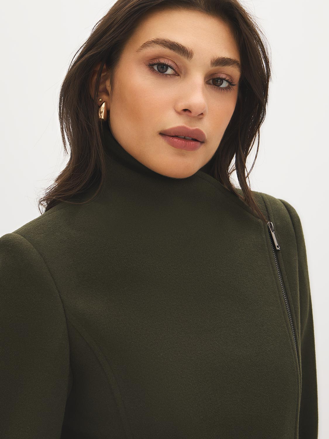 Olive Asymmetrical Zip Front Faux Wool Coat - Collar Detail - Suzy Shier