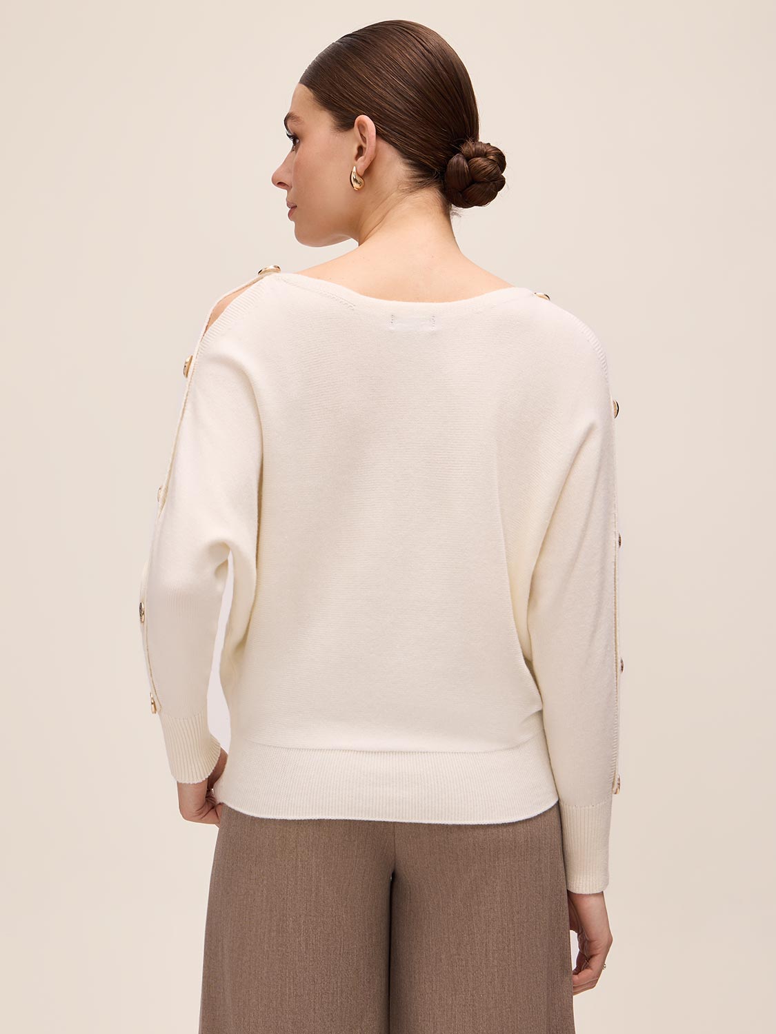Off White Dolman Sleeve Sweater with Gold Buttons - Back View - Le Chateau