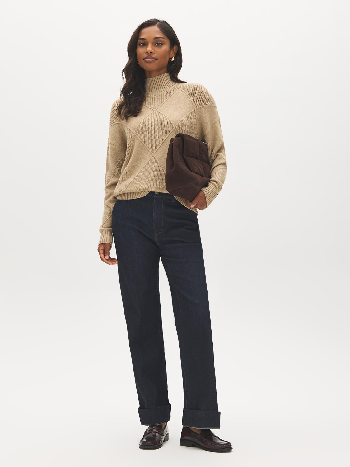 Tan Melange Mock Neck Sweater with Diamond Pattern - Front View - Suzy Shier