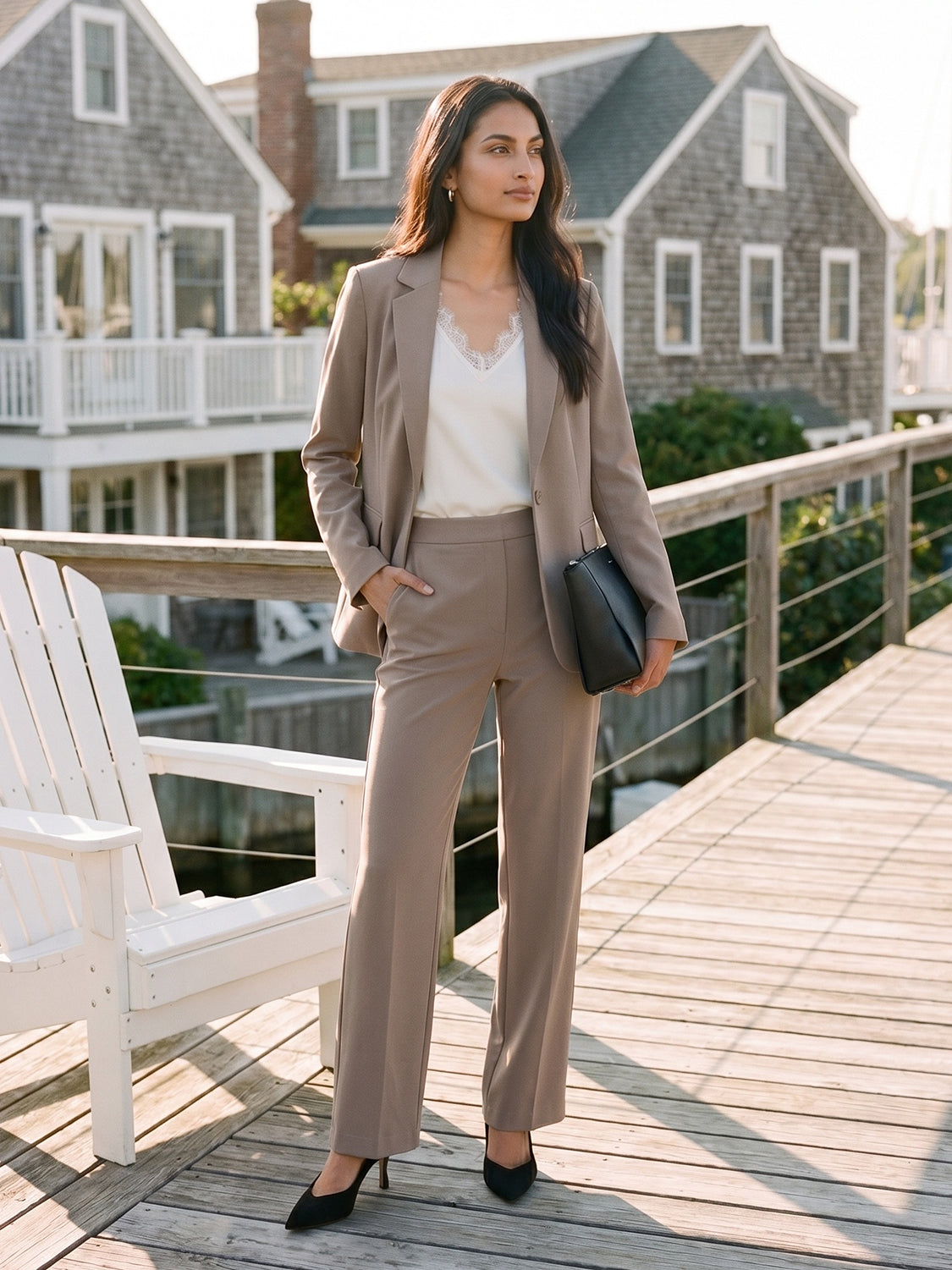 Scarab Pull-On Straight Leg Pant with Waist Tabs - Woman Wearing Clean Front Trousers - Suzy Shier