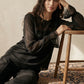 Black Lace Detail Chiffon and Satin-Like Blouse - Woman Wearing Elegant Long Sleeve Top - Suzy Shier