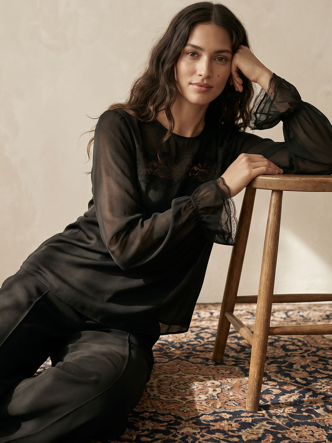 Black Lace Detail Chiffon and Satin-Like Blouse - Woman Wearing Elegant Long Sleeve Top - Suzy Shier