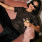Brown Sequined Mesh Tee - Woman Wearing Sparkling Short Sleeve Top - Suzy Shier
