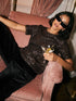 Brown Sequined Mesh Tee - Woman Wearing Sparkling Short Sleeve Top - Suzy Shier