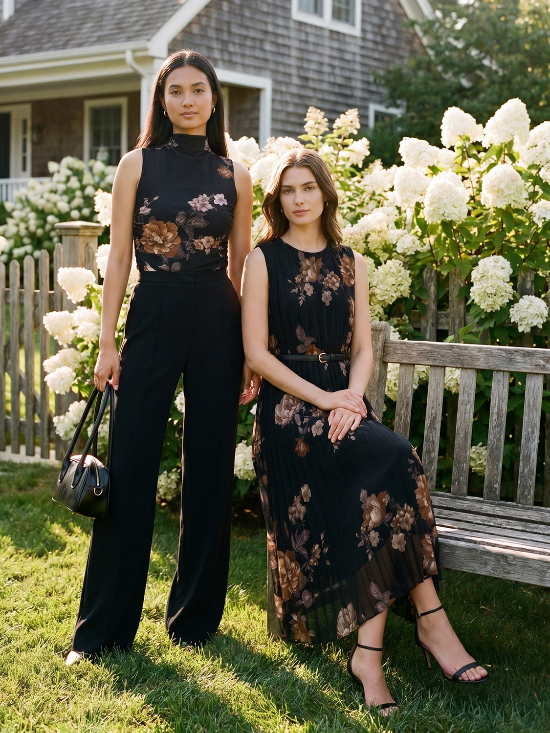 Jet Black Floral Print Mesh Funnel Neck Top - Woman Wearing Sleeveless Ruched Top - Suzy Shier