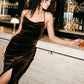 Chocolate Velour Midi Cowl Neck Dress - Woman Wearing Elegant Evening Dress with Wrap Skirt - Le Chateau