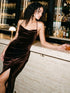 Chocolate Velour Midi Cowl Neck Dress - Woman Wearing Elegant Evening Dress with Wrap Skirt - Le Chateau