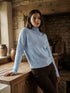 Soft Blue Mock Neck Sweater with Diamond Pattern - Woman Wearing Textured Knit Sweater - Suzy Shier