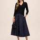 Sapphire/Black Baroque Jacquard Flared Skirt - Woman Wearing Elegant Midi Skirt with Pockets - Le Chateau