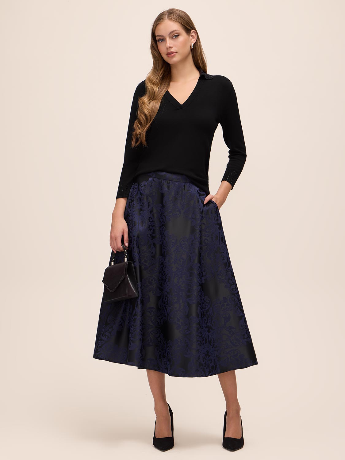 Sapphire/Black Baroque Jacquard Flared Skirt - Woman Wearing Elegant Midi Skirt with Pockets - Le Chateau