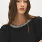 Black Sequined Boat Neck Mini Dress with Puff Sleeves - Collar Detail - Suzy Shier