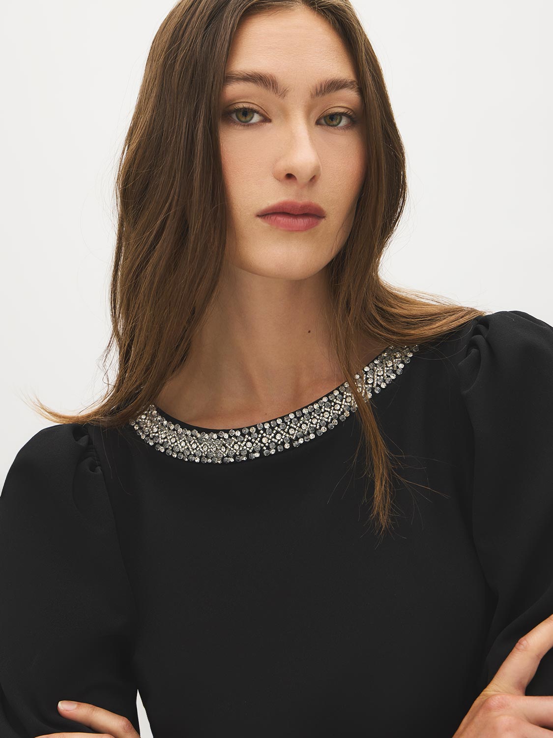 Black Sequined Boat Neck Mini Dress with Puff Sleeves - Collar Detail - Suzy Shier