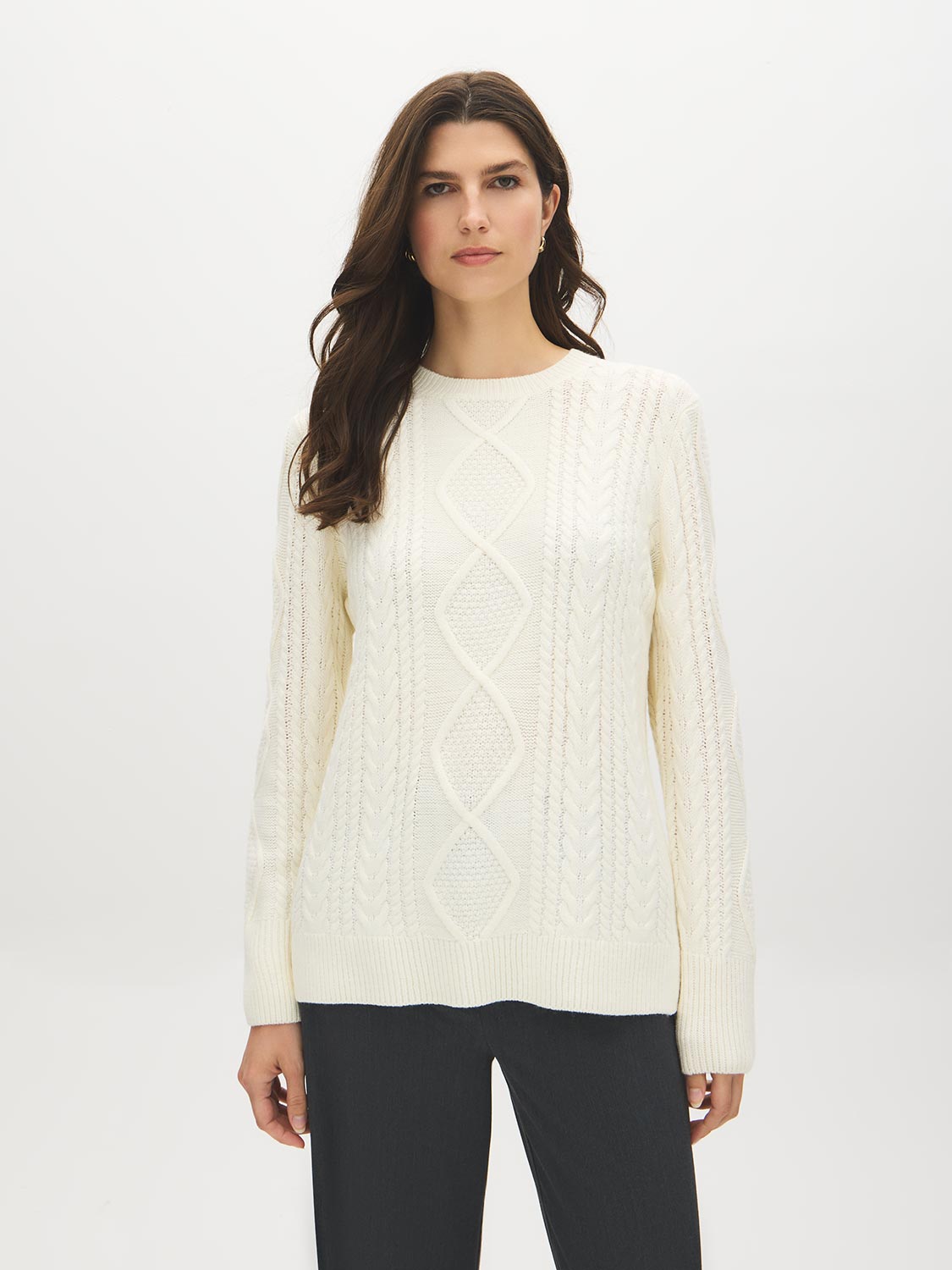 Rice Cable Knit Sweater with Side Slits - Woman Wearing Textured Knit Top - Suzy Shier