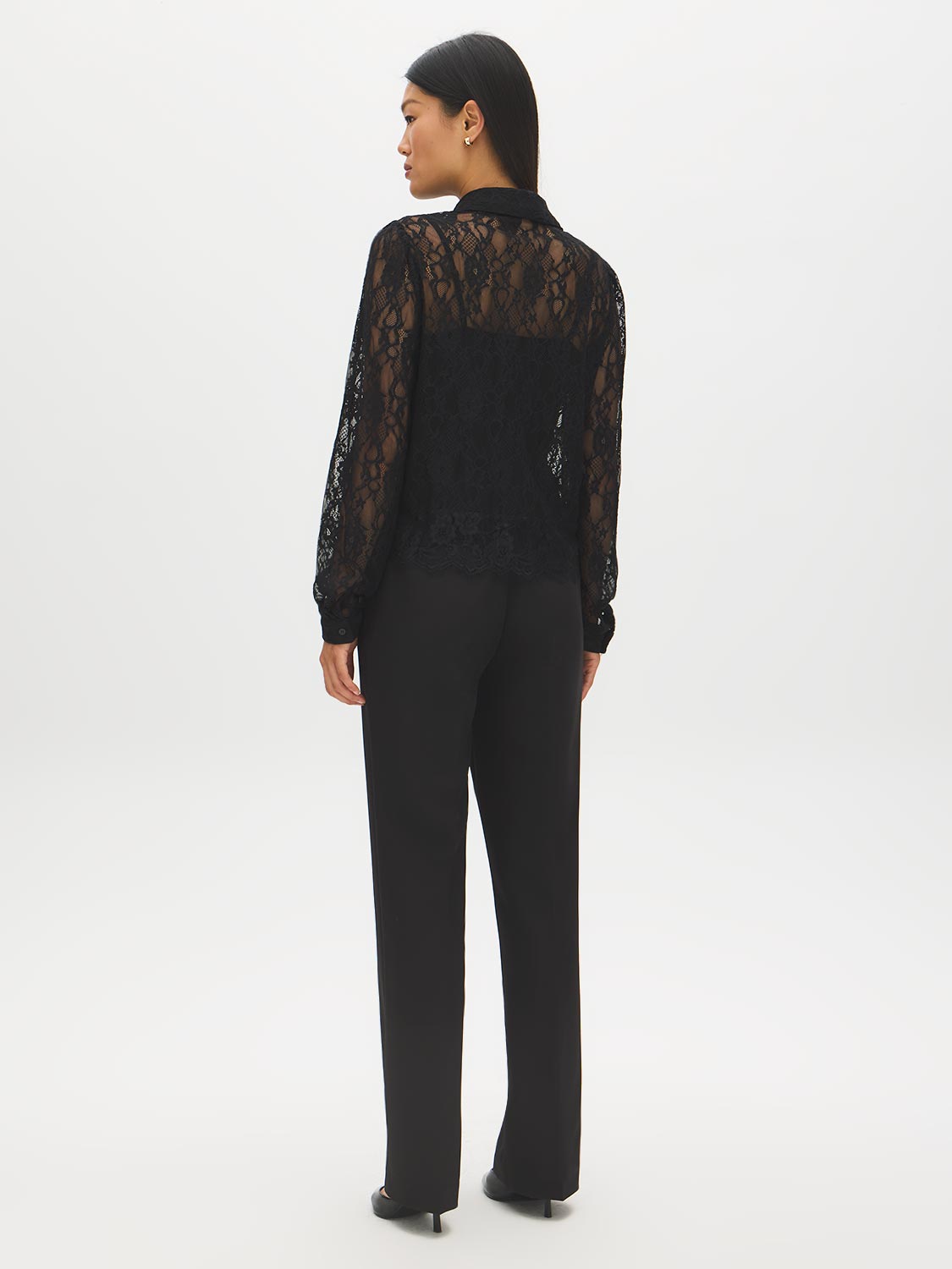 Black Lace Button-Front Blouse with Scalloped Hem - Back View - Suzy Shier