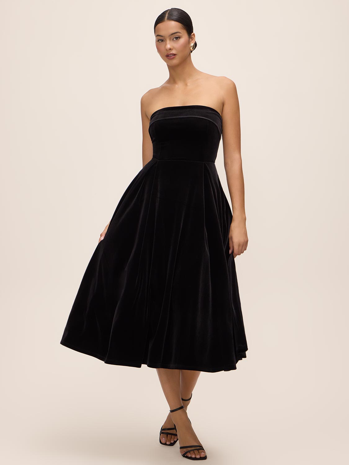 Black Velour Strapless Fit & Flare Dress - Front View - Le Chateau