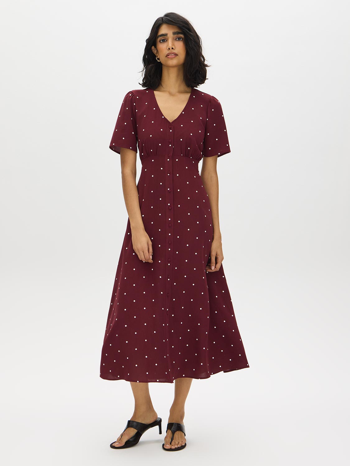 Zinfandel Polka Dot Flowy Shirt Dress - Woman Wearing V-Neck Button Front Dress - Suzy Shier