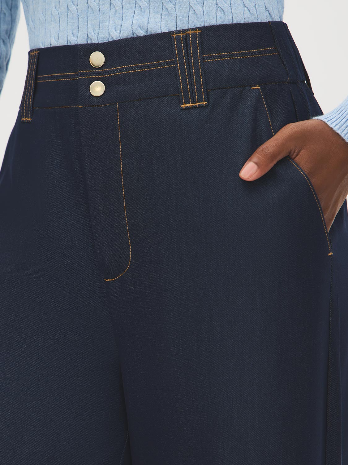 Indigo Wash High-Rise Wide Leg Trousers - Close-up Pocket Detail - Suzy Shier