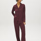 Burgundy Striped Satin Pajama Set - Woman Wearing Long-Sleeved Satin PJ Set - Suzy Shier