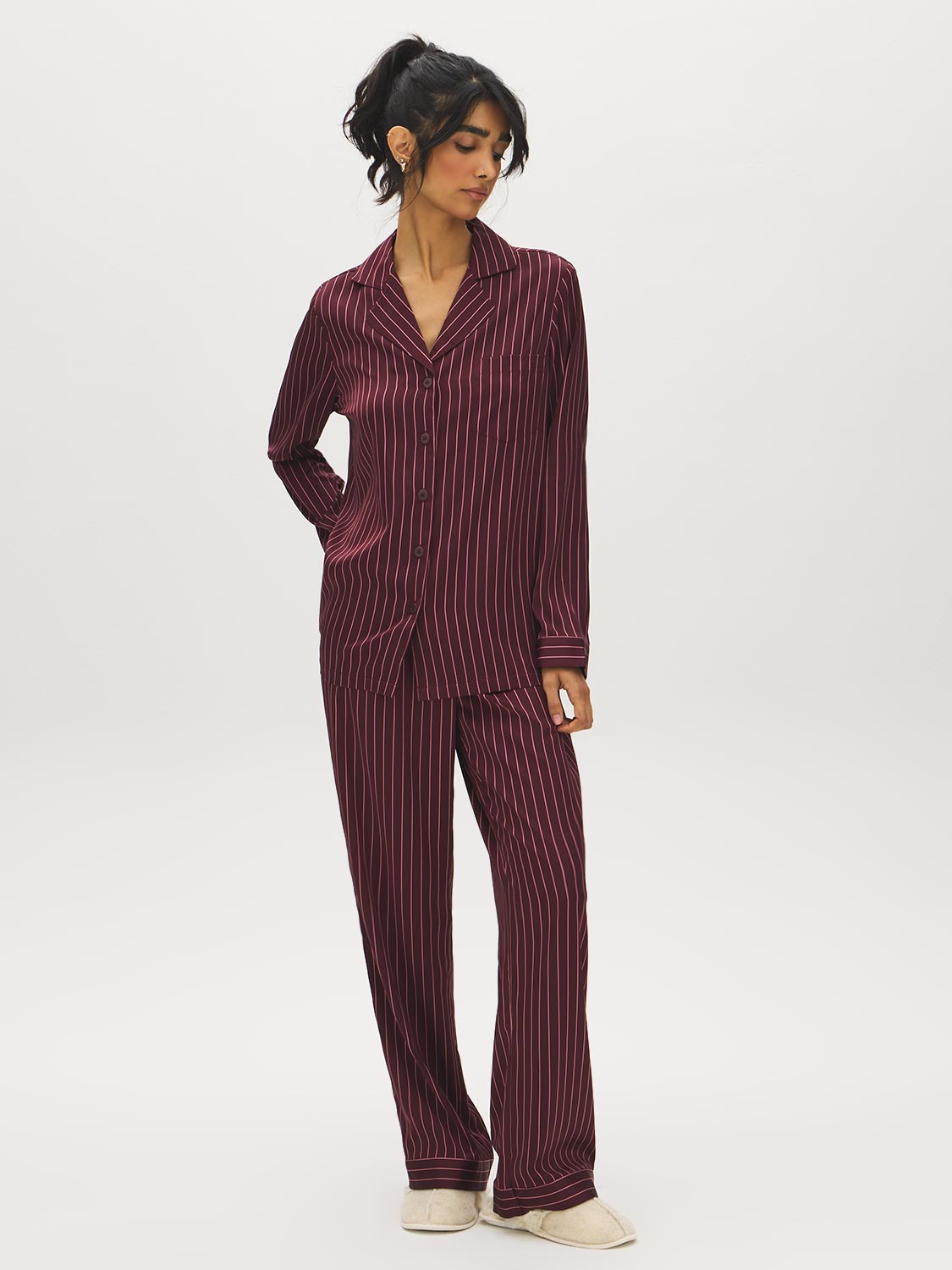 Burgundy Striped Satin Pajama Set - Woman Wearing Long-Sleeved Satin PJ Set - Suzy Shier