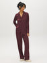 Burgundy Striped Satin Pajama Set - Woman Wearing Long-Sleeved Satin PJ Set - Suzy Shier