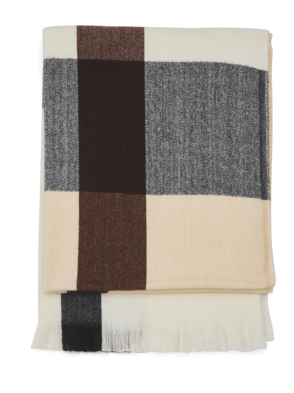 Brown/Grey Brushed Plaid Scarf with Fringes - Close-up Woven Detail - Suzy Shier