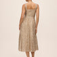 Gold Sequin Fit & Flare Midi Dress with Pleating - Back View - Le Chateau