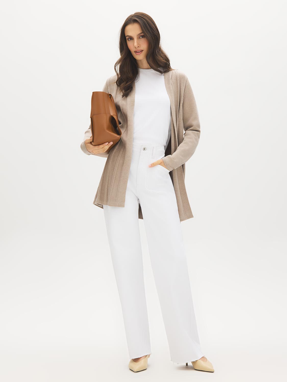 Pebble Melange Ribbed Front Duster Cardigan - Front View - Suzy Shier