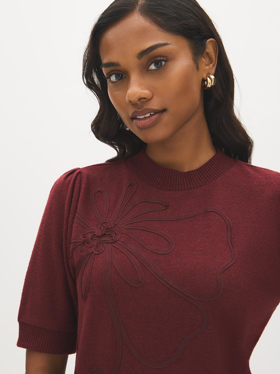 Zinfandel Melange Cropped Hacci Top with Puff Sleeves - Close-up Embroidery Detail - Suzy Shier