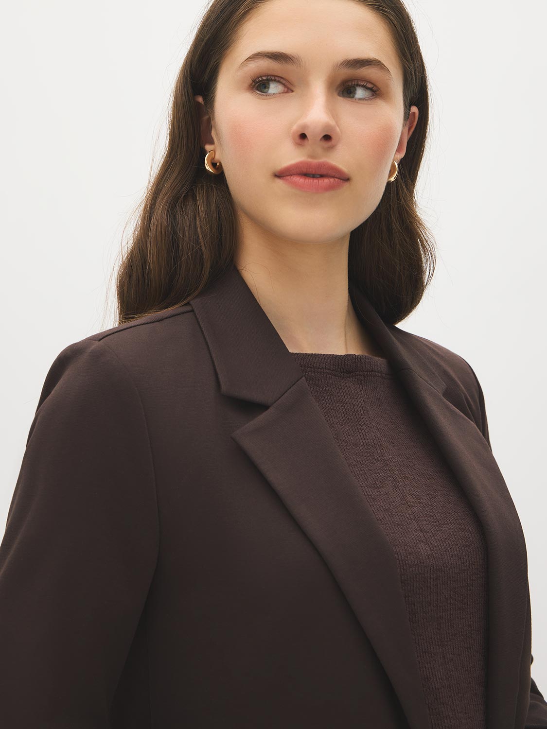 Dk Brown Open-Front Blazer with Stripe Cuff Detail - Woman Wearing Tailored Knit Blazer - Suzy Shier