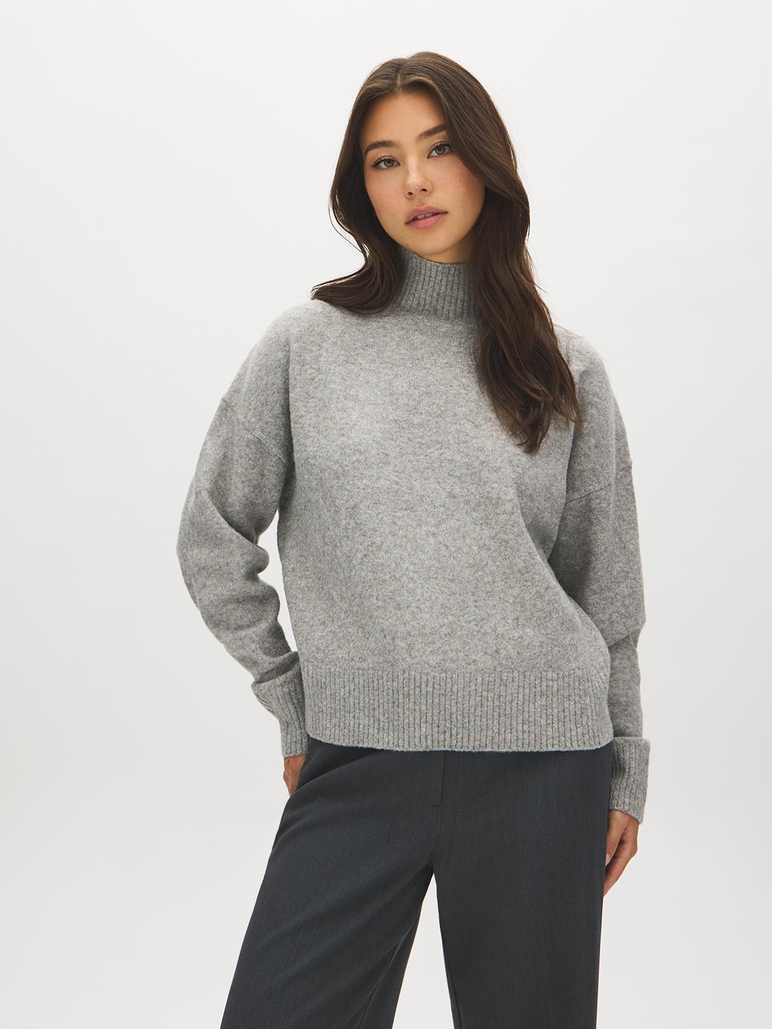 Space Grey Melange Mock Neck Knit Sweater - Woman Wearing Cozy Drop Shoulder Sweater - Suzy Shier