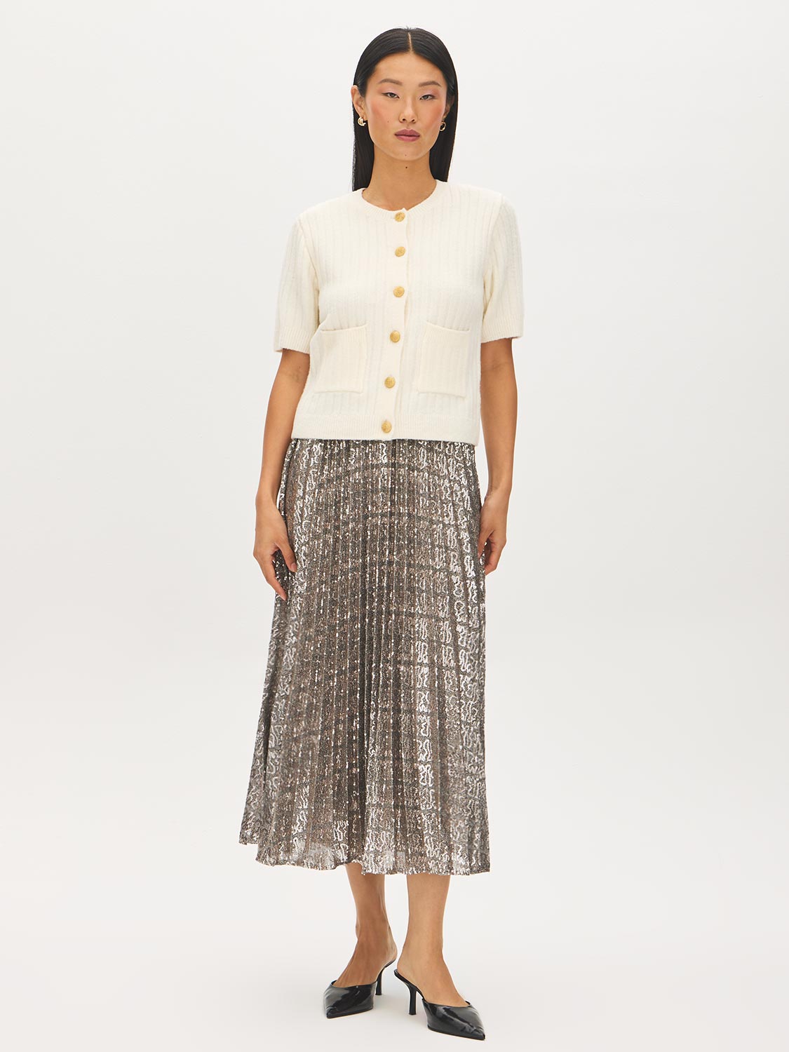 Snow White Short Sleeve Ribbed Button-Front Cardigan - Front View - Suzy Shier