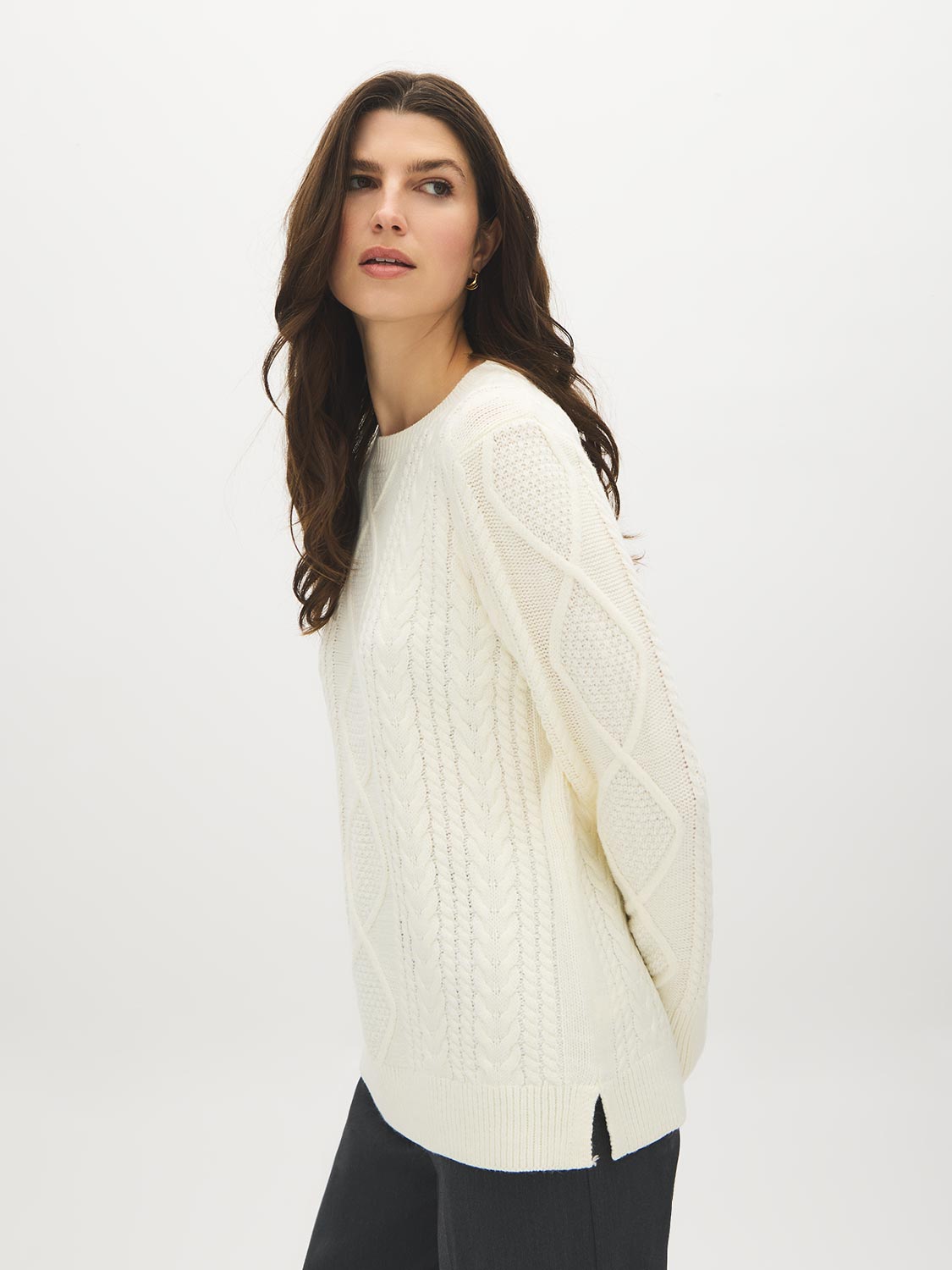 Rice Cable Knit Sweater with Side Slits - Side Profile View - Suzy Shier