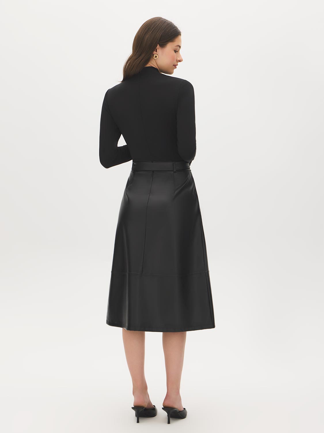 Jet Black Mock Neck Two-Fer Midi Dress - Back View - Suzy Shier