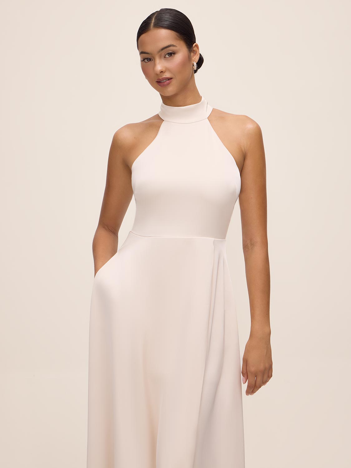 Antique Cream Sleeveless Satin Gown with Flared Hem - Front Close-up View - Le Chateau