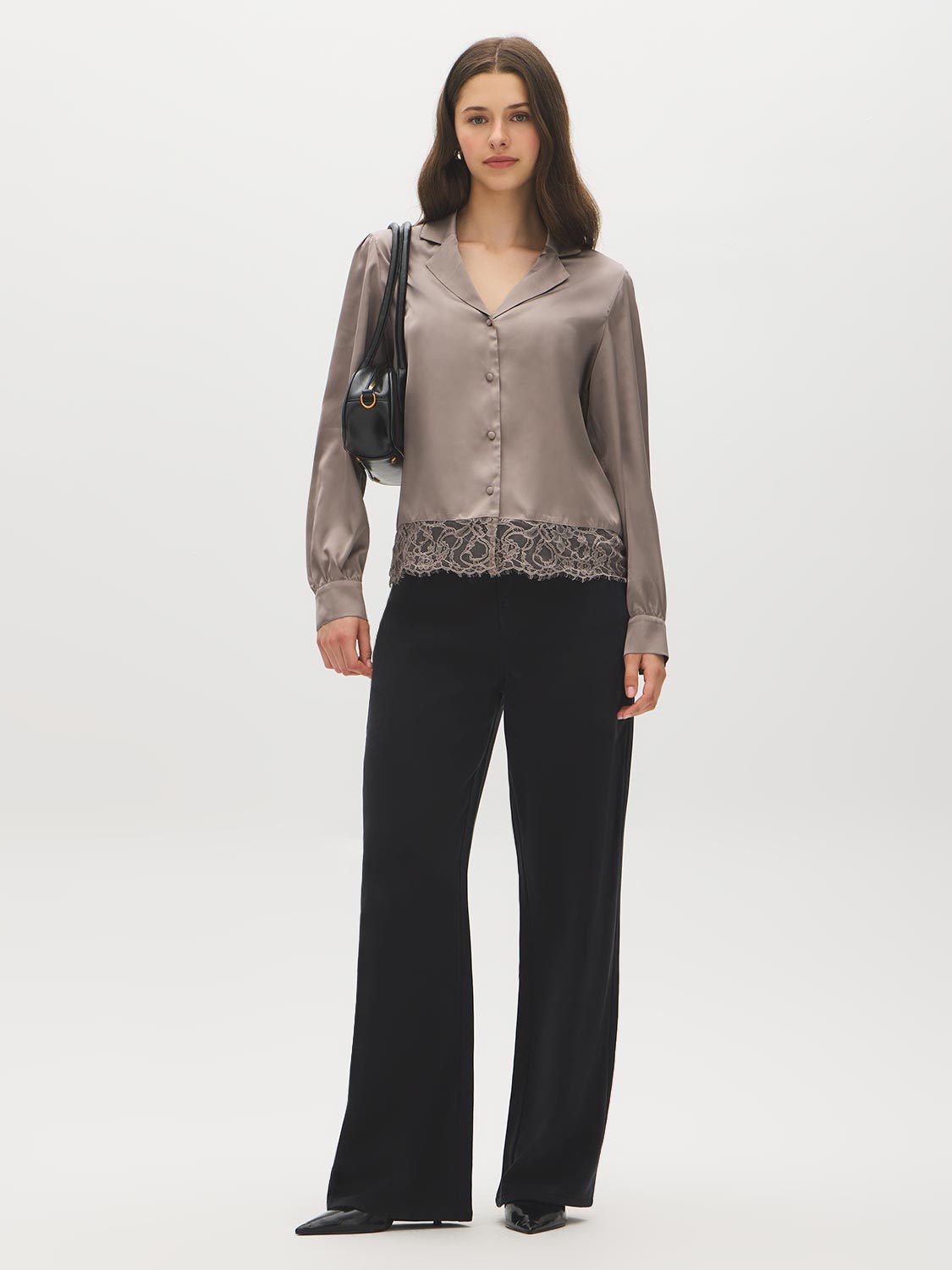 Driftwood Satin Blouse with Lace Hem - Front View - Suzy Shier