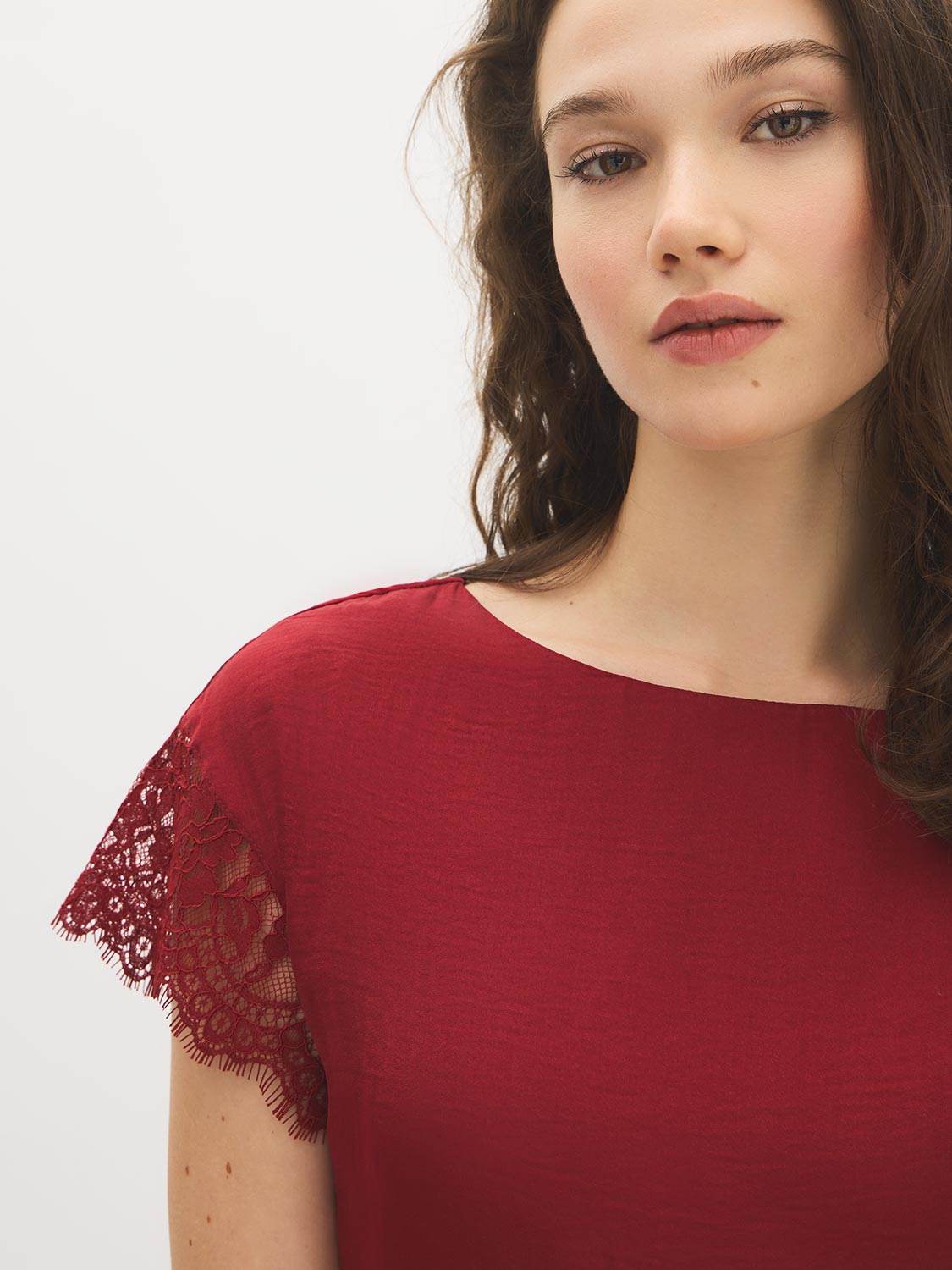 Midnight Plum Boat Neck Popover Top with Lace Trim - Sleeve Detail - Suzy Shier